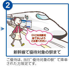 ②　新幹線で優待対象の駅まで　ご優待は、当日”優待対象の駅”で降車された方限定です。