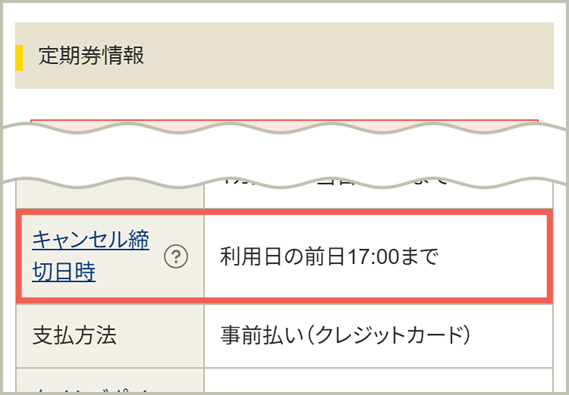 定期券情報「キャンセル締切日時」欄