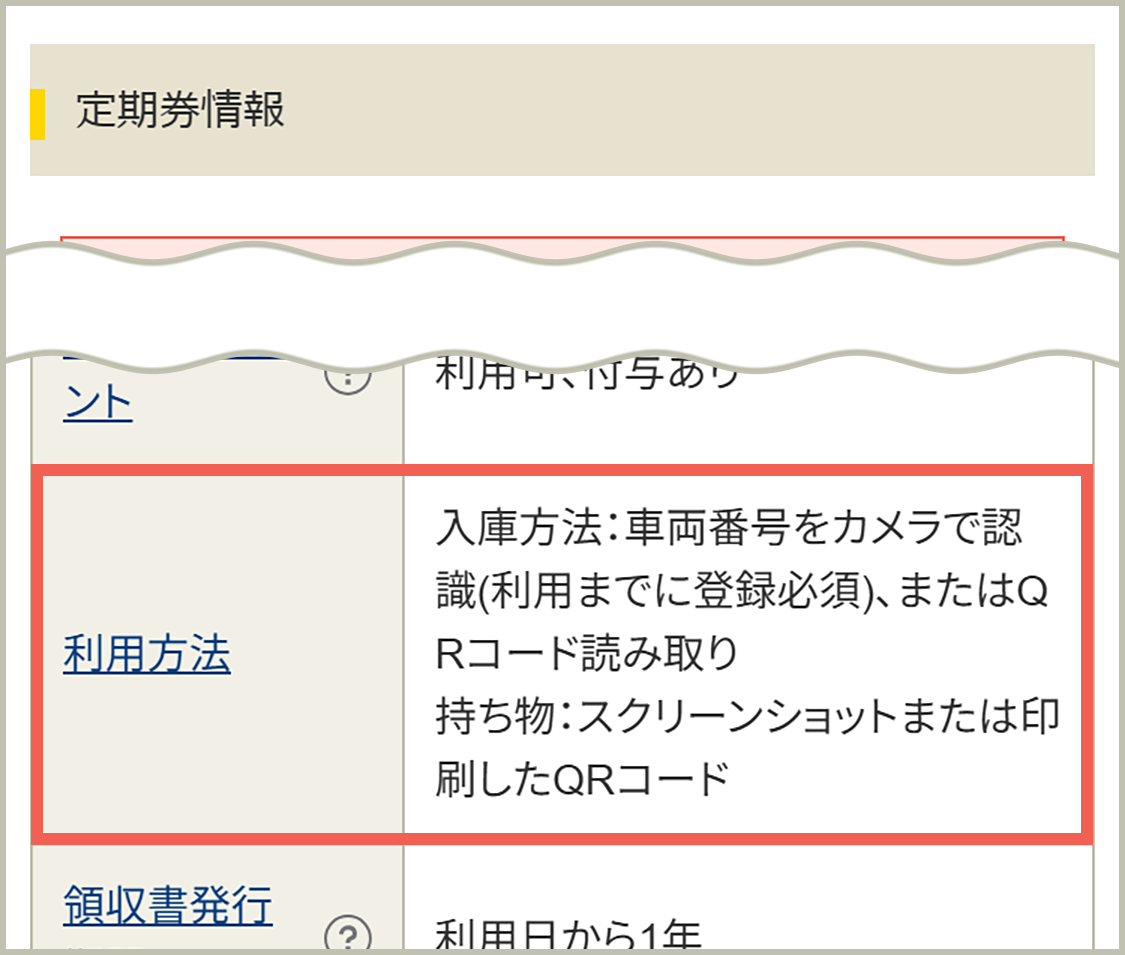 定期券情報「利用方法」欄や、購入定期券詳細ページの「利用方法」