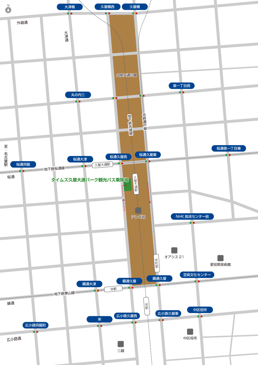 タイムズ久屋大通パーク観光バス乗降場のアクセスマップ