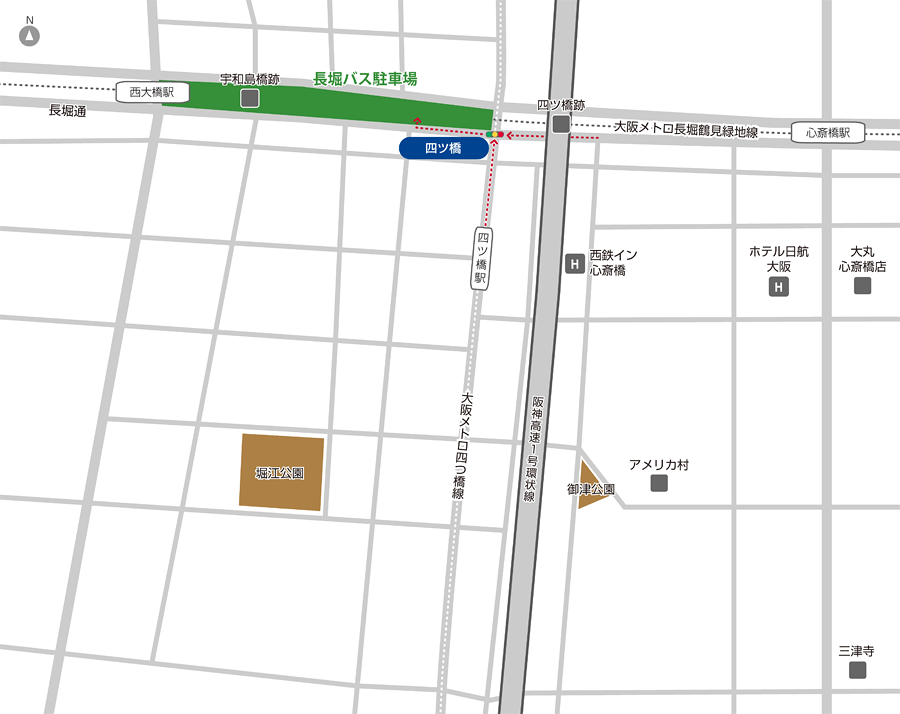 大阪市長堀通バス（西）の地図（アクセスマップ）