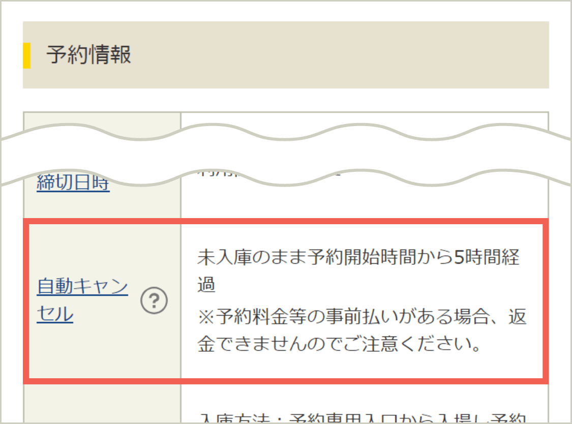 予約情報「自動キャンセル」欄